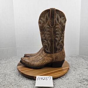 Cavender's Womens 9B Tan Caiman Exotic Leather Distressed Cowgirl Western Boots